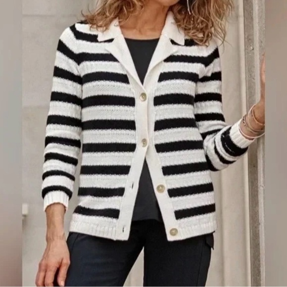 J. Jill Sweaters - J Jill Wherever Collection Striped Black Ivory Knit Cardigan Large Petite Office